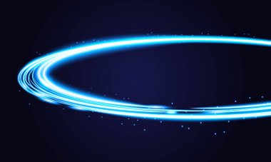 Koyu arkaplanda mavi bir neon dalgası. Işık efektli ve yıldız tozu izli parıldayan dalgalar. Ağ ve yazdırma için mavi swoosh tasarımı.