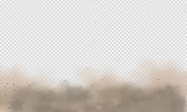 Nube di polvere, tempesta di sabbia, polvere spray su sfondo trasparente. Vento del deserto con nuvole di polvere e sabbia. Illustrazione vettoriale realistica . — Vettoriale Stock