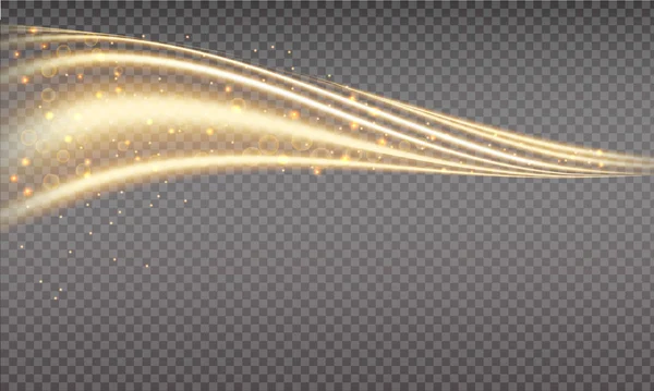 Golden swoosh, vague magique. Parcours d'or isolé sur fond transparent. Sentier ondulé lumineux avec bokeh lumineux et scintillements. Swoosh avec stradust . — Image vectorielle