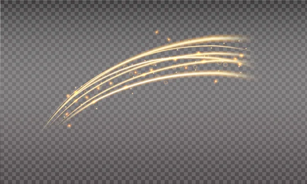 Golden swoosh, vague magique. Parcours d'or isolé sur fond transparent. Sentier ondulé lumineux avec bokeh lumineux et scintillements. Swoosh avec stradust . — Image vectorielle