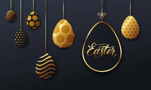 Uova d'oro, Buona Pasqua. Sfondo di uovo dorato e nero con motivi a punti, spirale e linee su sfondo scuro per carte di design, manifesti, inviti per Pasqua . — Vettoriale Stock