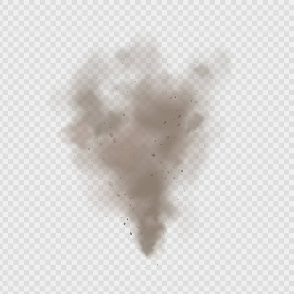 Nube de polvo, tormenta de arena, spray de polvo sobre fondo transparente. Viento del desierto con nubes de polvo y arena. Ilustración vectorial realista . — Vector de stock