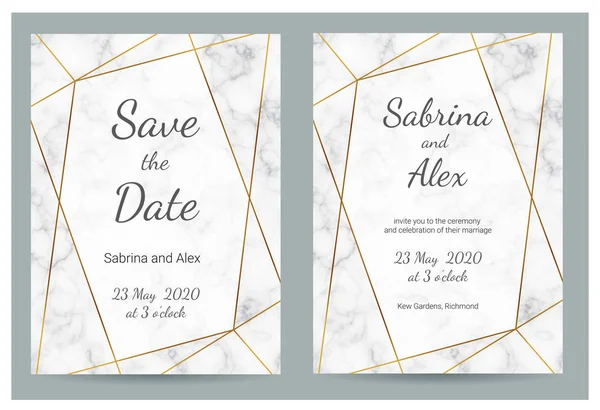 Invitación de boda de mármol. Conjunto con invitación y guardar la tarjeta de fecha sobre fondo de mármol blanco. Conjunto de boda . — Vector de stock