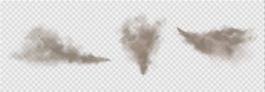 Toz bulutu, kum fırtınası, şeffaf arkaplanda barut spreyi. Çöl rüzgarı, toz ve kum bulutu. Gerçekçi vektör illüstrasyonu