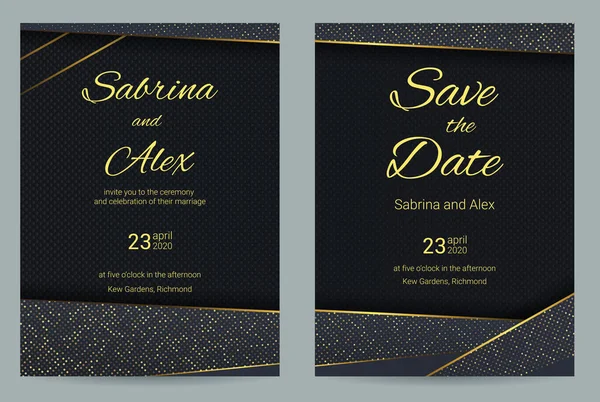 豪華な炭素結婚式の招待状 招待状で設定し 豪華な炭素の背景に日付カードを保存します 結婚式セット — ストックベクタ