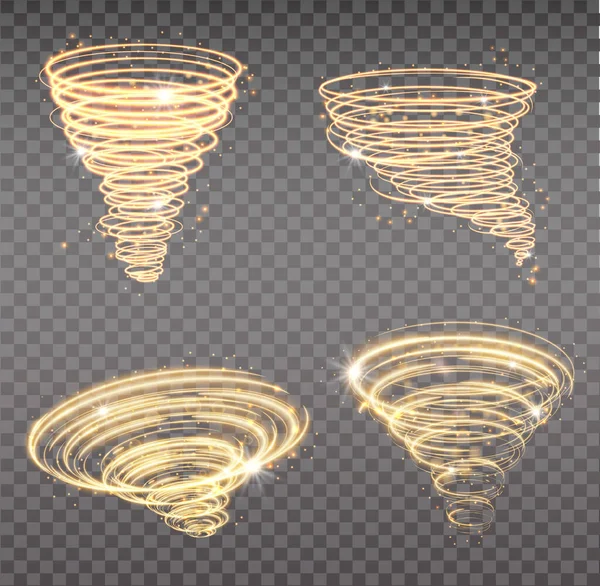 Altın kasırga, şeffaf arkaplanda parlayan yıldız tozu konisi. Işık efektli altın spiral. Sihirli yıldız tozu hortumu seti, hafif kasırga..