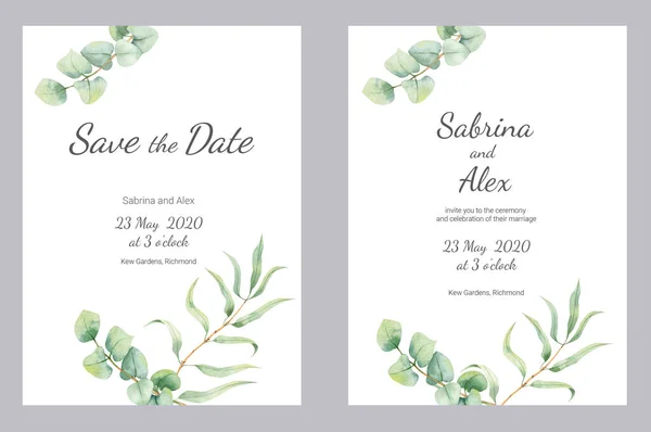 Akvarel eukapyptus svatební pozvánka. Set with invitation and Save the date card on white mramor background. Svatební sada. — Stock fotografie