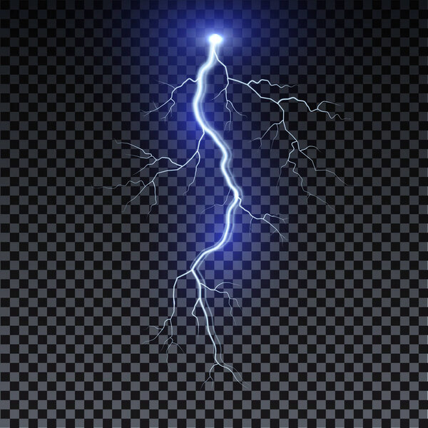 Realistic lightning. Thunder spark light on transparent background. Illuminated realistic path of thunder and many sparks. Bright curved line.