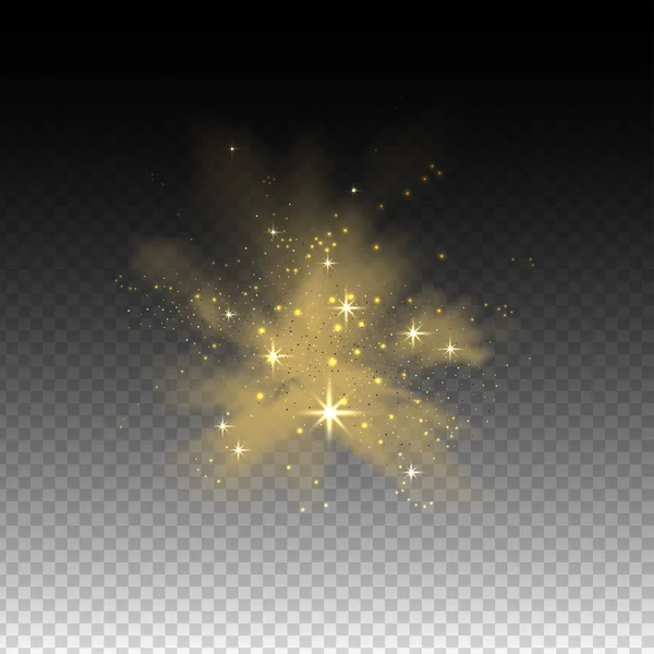 Nuvem de poeira estelar, swoosh, spray de pó de brilho com estrela e partículas de poeira em fundo transparente. Ilustração vetorial realista . — Vetor de Stock