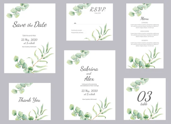 Watercolor eucapyptus wedding invitation. Set with invitation, Save the date, Thank you card, RSVP, menu and table number on white marble background. Wedding set