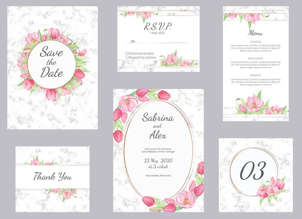 Marble and watercolor tulip wedding invitation. Set with invitation, Save the date, Thank you card, RSVP, menu and table number on white marble background. Wedding set