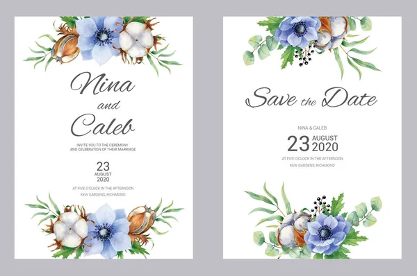 水彩綿と青のイソギンチャクの結婚式の招待状。招待状を設定し、白い大理石の背景に日付カードを保存します。結婚式セット. — ストック写真