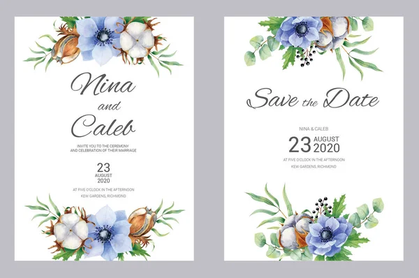 Watercolor cotton and blue anemone wedding invitation. Set with invitation and Save the date card on white marble background. Wedding set.