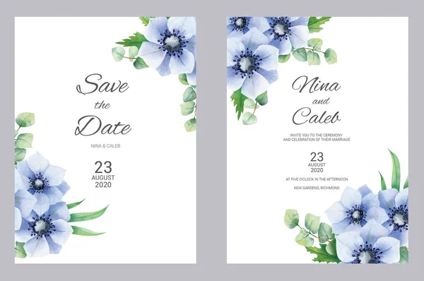水彩アネモネとユーカリの結婚式の招待状。招待状を設定し、白い大理石の背景に日付カードを保存します。結婚式セット. — ストック写真
