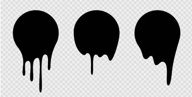 Erimiş damlalar ya da daire etiketleri. Graffiti damlası çıkartmaları için vektör sıvısı ikonları bırakıyor. Siyah sıvı ya da erimiş çikolata damlaları, güncel boya..