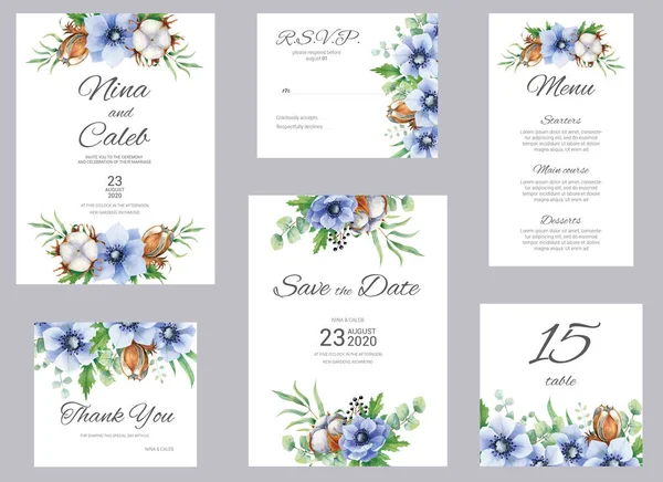 Algodão aquarela e anêmona convite de casamento. Definir com convite, Salvar a data, Obrigado cartão, RSVP, menu e número de tabela no fundo de mármore branco. Conjunto de casamento . — Fotografia de Stock