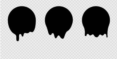 Erimiş damlalar ya da daire etiketleri. Graffiti damlası çıkartmaları için vektör sıvısı ikonları bırakıyor. Siyah sıvı ya da erimiş çikolata damlaları, güncel boya..