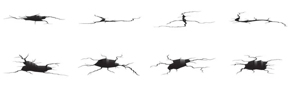 Zemin çatlakları ayarlandı. Deprem ve zemin çatlakları, delik etkisi, Craquelure ve hasarlı duvar dokusu. Vektör illüstrasyonları deprem, çarpma ve yıkım konularında kullanılabilir.