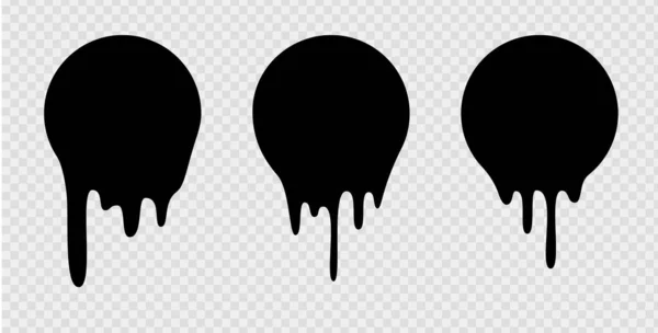 Derretir pegatinas de goteo o etiquetas circulares. Vector líquido cae iconos para pegatinas de graffiti blob. Gotas de chocolate fundido o líquido negro, pintura actual . — Archivo Imágenes Vectoriales