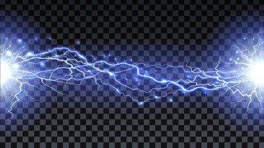 Yıldırım çarpar ve kıvılcımlar saçar. Şeffaf arkaplanda elektrik enerjisi vardır. Şimşek çakması ve kıvılcım. Vektör sinirsel hücreler sistemi.