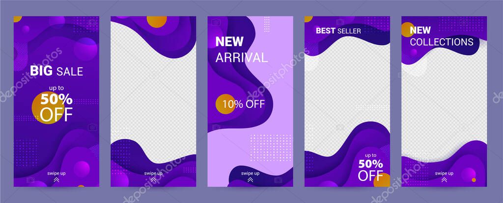 Social stories template. Set with purple liquid abstract funky design for business stories, photographer, blogger. Social media pack template for discount and special offer.Social stories template