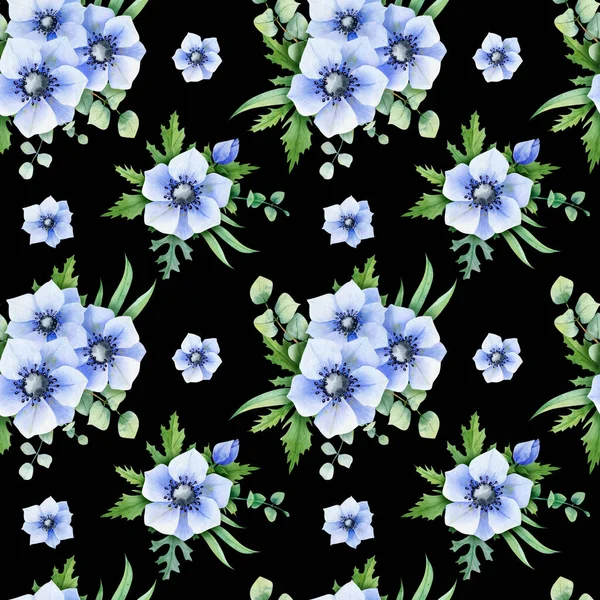 Seamless pattern of anemone with eucalyptus for fabric, wedding invitation, card backgrounds. — Stock Photo, Image
