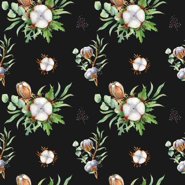 Nahtloses Muster aus Baumwolle mit Eukalyptus für Stoff, Hochzeitseinladung, Kartenhintergründe. — Stockfoto