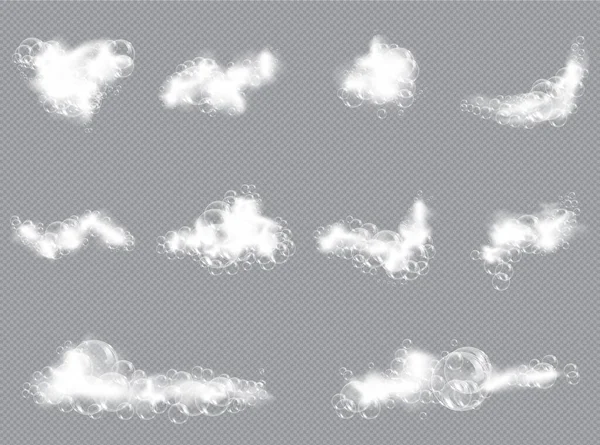 Koupelová pěna mýdlo s bublinami izolované vektorové ilustrace na průhledném pozadí. Sada vektorových ilustrací šamponu a pěny z mýdla. — Stockový vektor