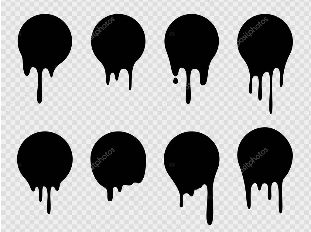 Melt drip stickers or circle labels. Vector liquid drops icons for graffiti blob stickers. Black liquid or melted chocolate drips, current paint