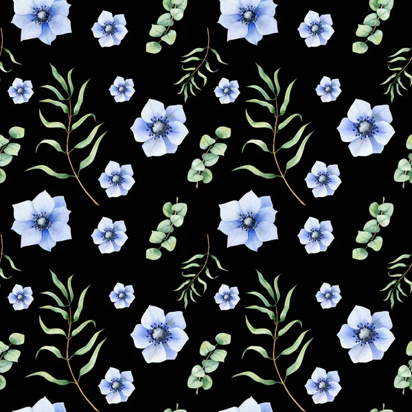 Seamless pattern of anemone with eucalyptus for fabric, wedding invitation, card backgrounds. — Stock Photo, Image