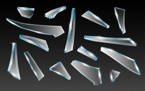 Broken glass shards, splinter of glass, vector realistic clip art on transparent background. Pieces of different shapes and splinters.