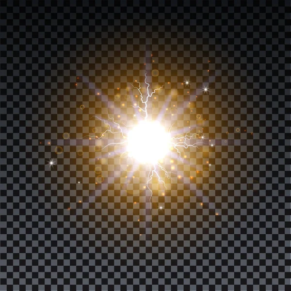 Golden burst with sparkle rays and lens flare effect. Glowing stars. Golden glitter bokeh lights and burst of magical dust particles. Vector illustration. — Stock Vector