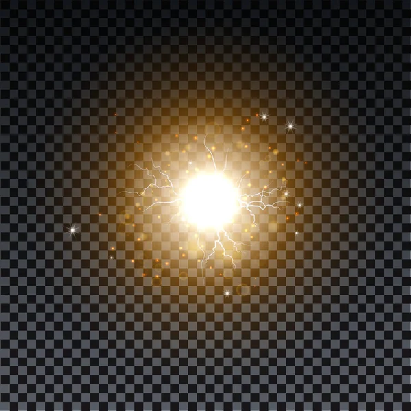 Złoty wybuch z błyszczącymi promieniami i efektem rozbłysku soczewki. Świecące gwiazdy. Złote błyszczące światła bokeh i wybuch magicznych cząstek pyłu. Ilustracja wektora. — Wektor stockowy