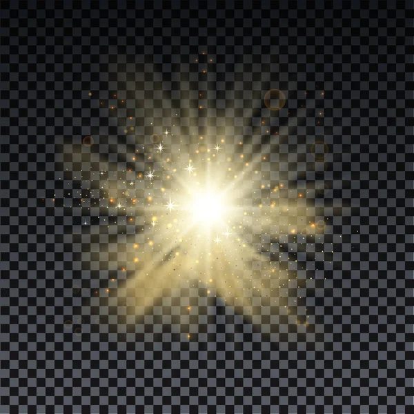 Golden burst with sparkle rays and lens flare effect. Glowing stars. Golden glitter bokeh lights and burst of magical dust particles. Vector illustration. — Stock Vector