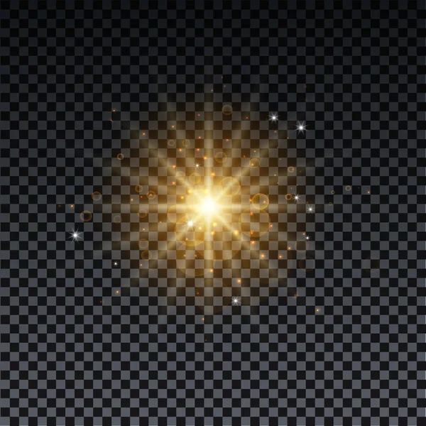 Golden Burst Sparkle Rays Lens Flare Effect Glowing Stars Golden — Stock Vector