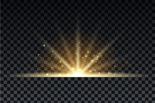 Golden Burst Sparkle Rays Lens Flare Effect Glowing Stars Golden — Stock Vector