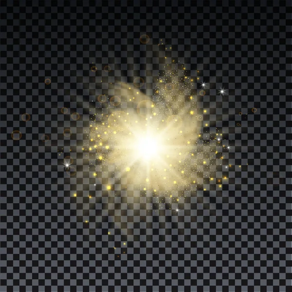 Explosão Ouro Com Raios Brilho Efeito Brilho Lente Estrelas Brilhantes — Vetor de Stock