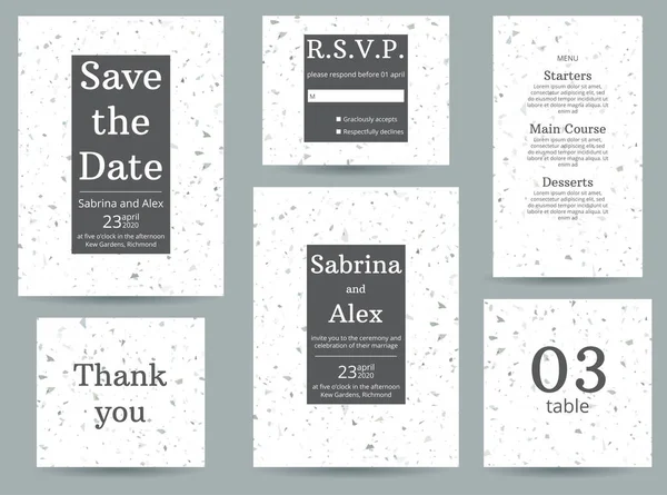 テラッツォ結婚式の招待状 招待状で設定 日付を保存 ありがとうカード Rsvp グレーテラゾ背景のメニューとテーブル番号 結婚式セット — ストックベクタ