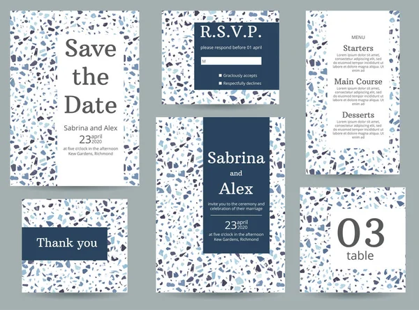 テラッツォ結婚式の招待状 招待状で設定 日付を保存 ありがとうカード Rsvp 青いテラゾの背景にメニューとテーブル番号 結婚式セット — ストックベクタ