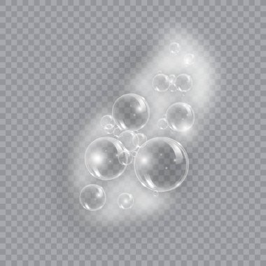 Kabarcıklı banyo köpüğü sabunu şeffaf arka planda izole edilmiş vektör çizimi. Şampuan ve sabun köpüğü vektör çizimi.