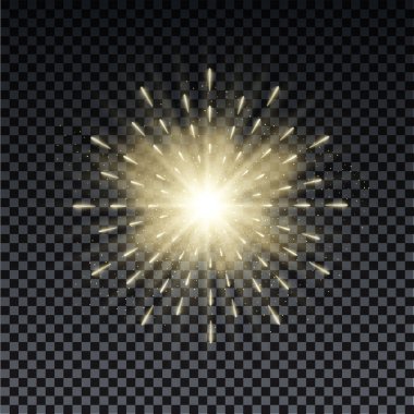 Parıltılı ışınlar ve ışık efektiyle altın patlama. Parlayan yıldızlar. Altın parıldayan ışıklar, sihirli toz parçacıkları ve kıvılcımlar. Vektör illüstrasyonu.