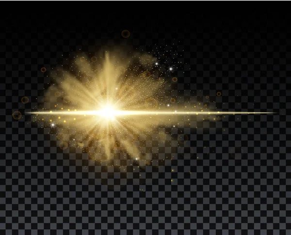 Golden burst with sparkle rays and lens flare effect. Glowing stars. Golden glitter bokeh lights and burst of magical dust particles. Vector illustration. — Stock Vector