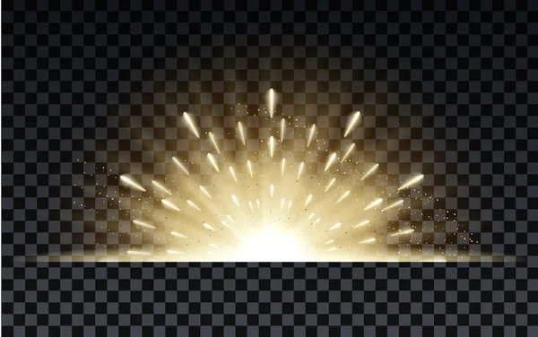 Gouden uitbarsting met sprankelende stralen en lens flare effect. Gloeiende sterren. Gouden glitter bokeh lichten en uitbarsting van magische stofdeeltjes. Vectorillustratie. — Stockvector