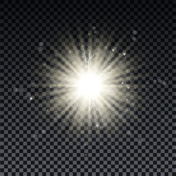 Esplosione dorata con raggi scintillanti e effetto brillamento della lente. Stelle luminose. Luci d'oro scintillio bokeh e scoppio di particelle di polvere magica. Illustrazione vettoriale . — Vettoriale Stock