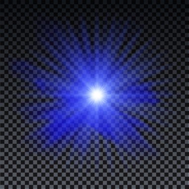 Parıltı ve bokeh ile şeffaf arka planda mavi patlama. Mavi yıldız parlama etkisi. Sopalar, davetiyeler, posterler ve internet için sihirli bir patlama. Gelecekçi vektör tasarımı.