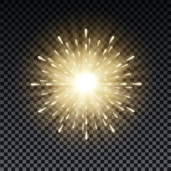 Arany kitörés szikrázó sugarakkal és lencse fáklya effektussal. Ragyogó csillagok. Arany csillogó bokeh fények és mágikus porszemcsék robbanása. Vektorillusztráció. — Stock Vector
