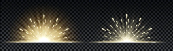 Explosión dorada con rayos de brillo y efecto de destello de lente. Estrellas brillantes. Brillo dorado luces bokeh y ráfaga de partículas de polvo mágico. Ilustración vectorial . — Vector de stock