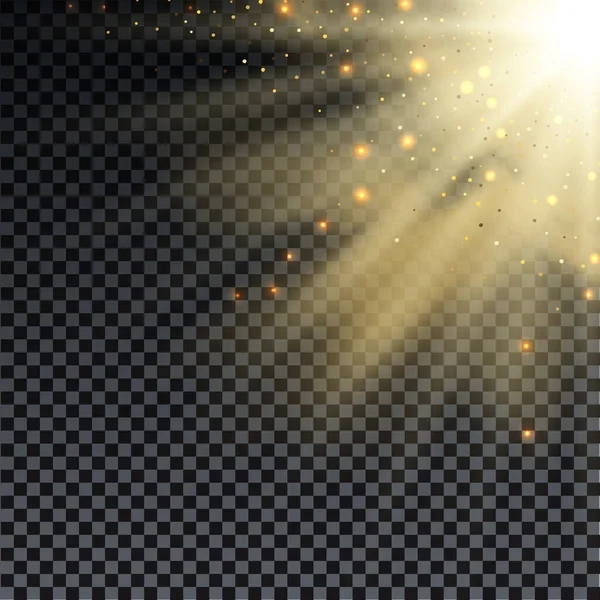 Golden burst with sparkle rays and lens flare effect. Glowing stars. Golden glitter bokeh lights and burst of magical dust particles. Vector illustration. — Stock Vector