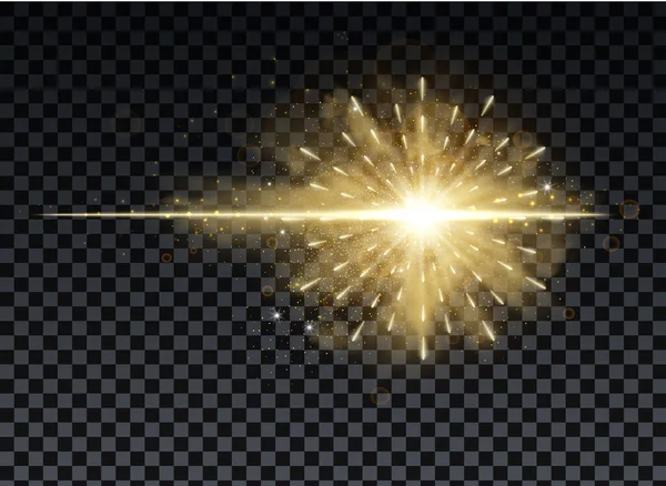 Gouden uitbarsting met sprankelende stralen en lens flare effect. Gloeiende sterren. Gouden glitter bokeh lichten en uitbarsting van magische stofdeeltjes. Vectorillustratie. — Stockvector