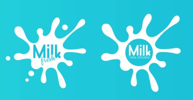 Süt çemberi rozeti ve sürgülü süt ürünleri etiketleri. Paket etiketleri için damla ve sıçrama ile süt rozeti.